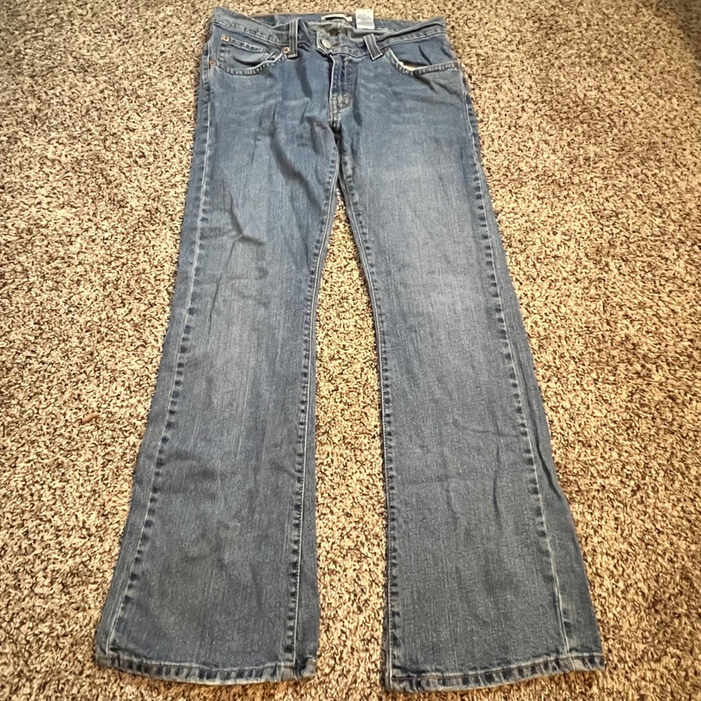 Levis 542 Low Flare Jeans Womens 14M Medium Wash Blue Flap Pocket Stretch Denim